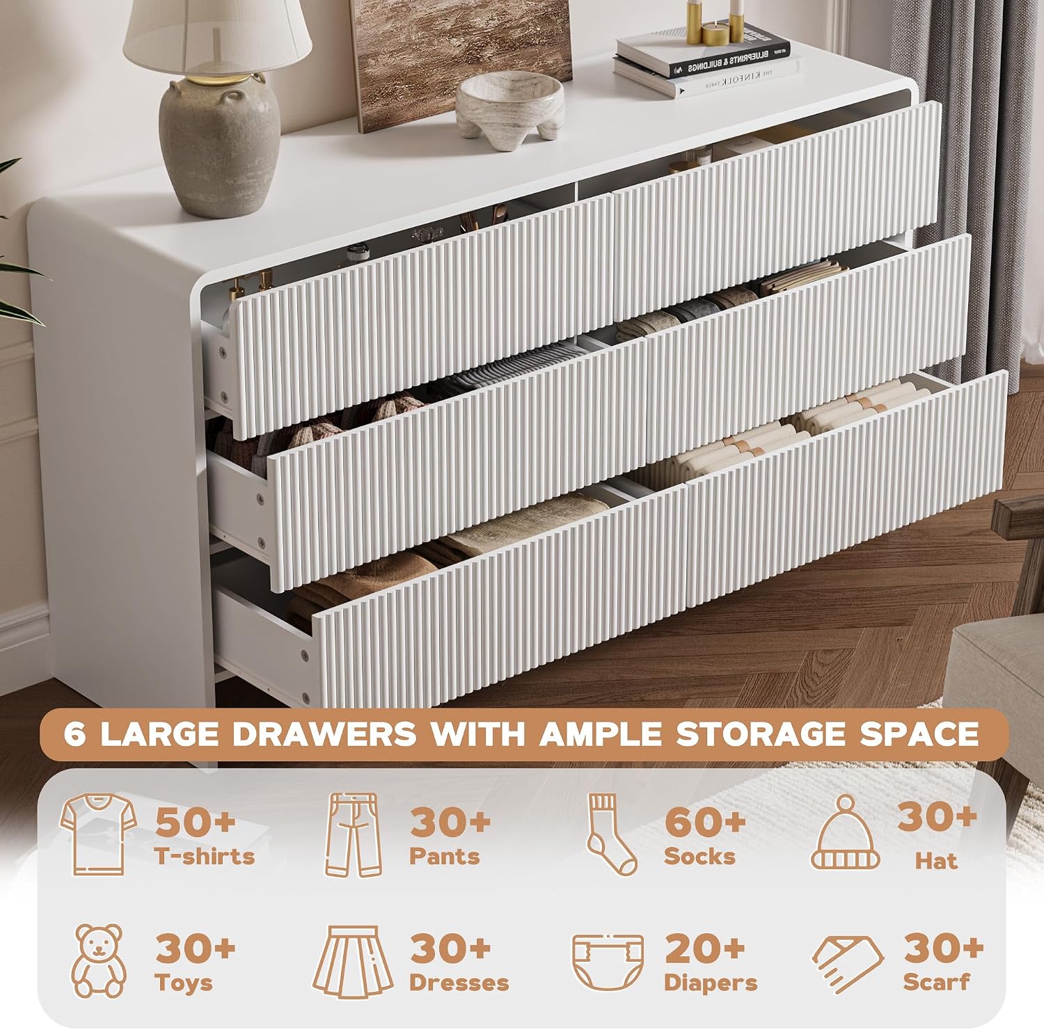 MAISONARIA 3-Piece Curved Dresser Bedroom Set, 6 Drawer Dresser & 2 Drawer Nightstands with Pop-up Design, Fluted Wood Chest of Drawers for Bedroom, Living Room, Entryway, White