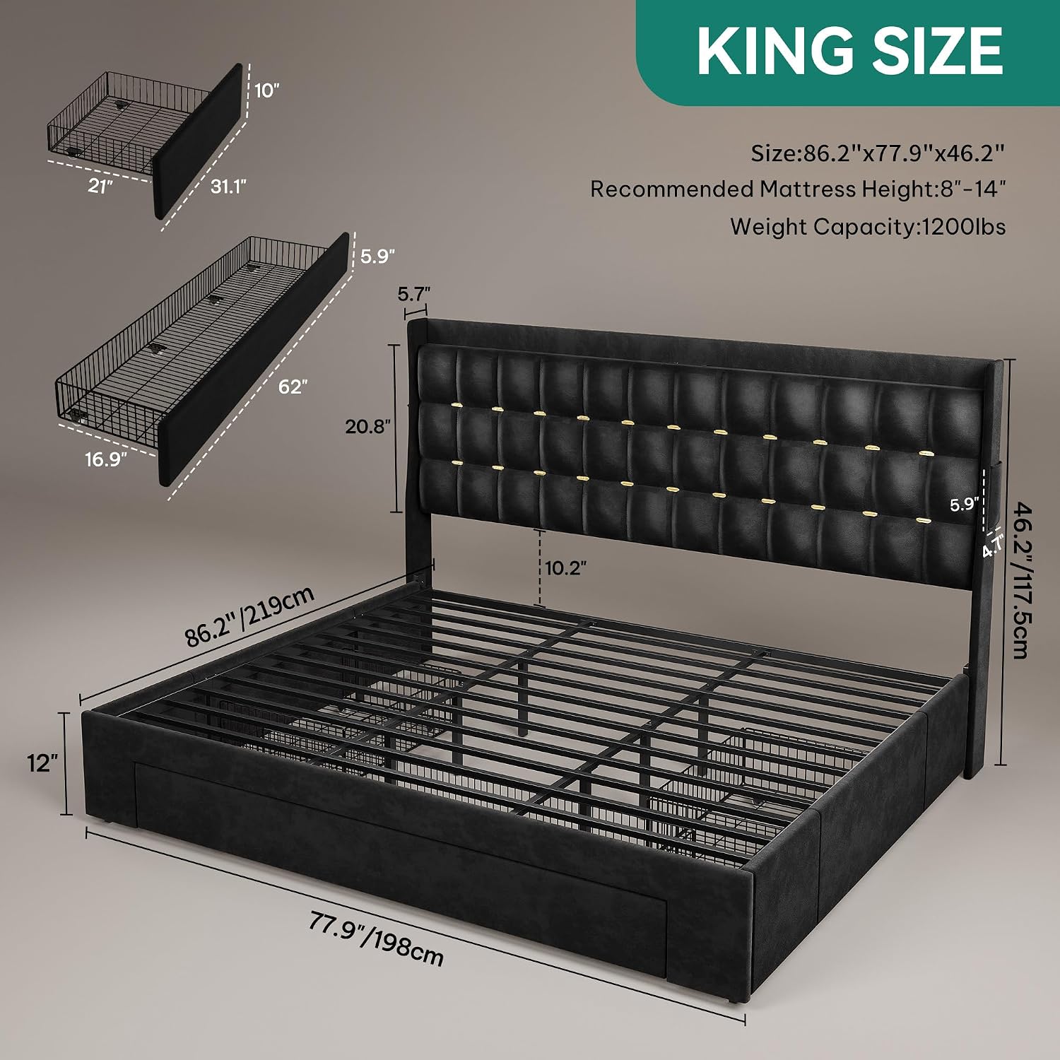 YITAHOME King Size Bed Frame with 3 Storage Drawers and RGB LED Lights, Velvet Upholstered Bed with Charging Station and Storage Headboard, No Box Spring Needed, Easy Assembly, Noise-Free, Black