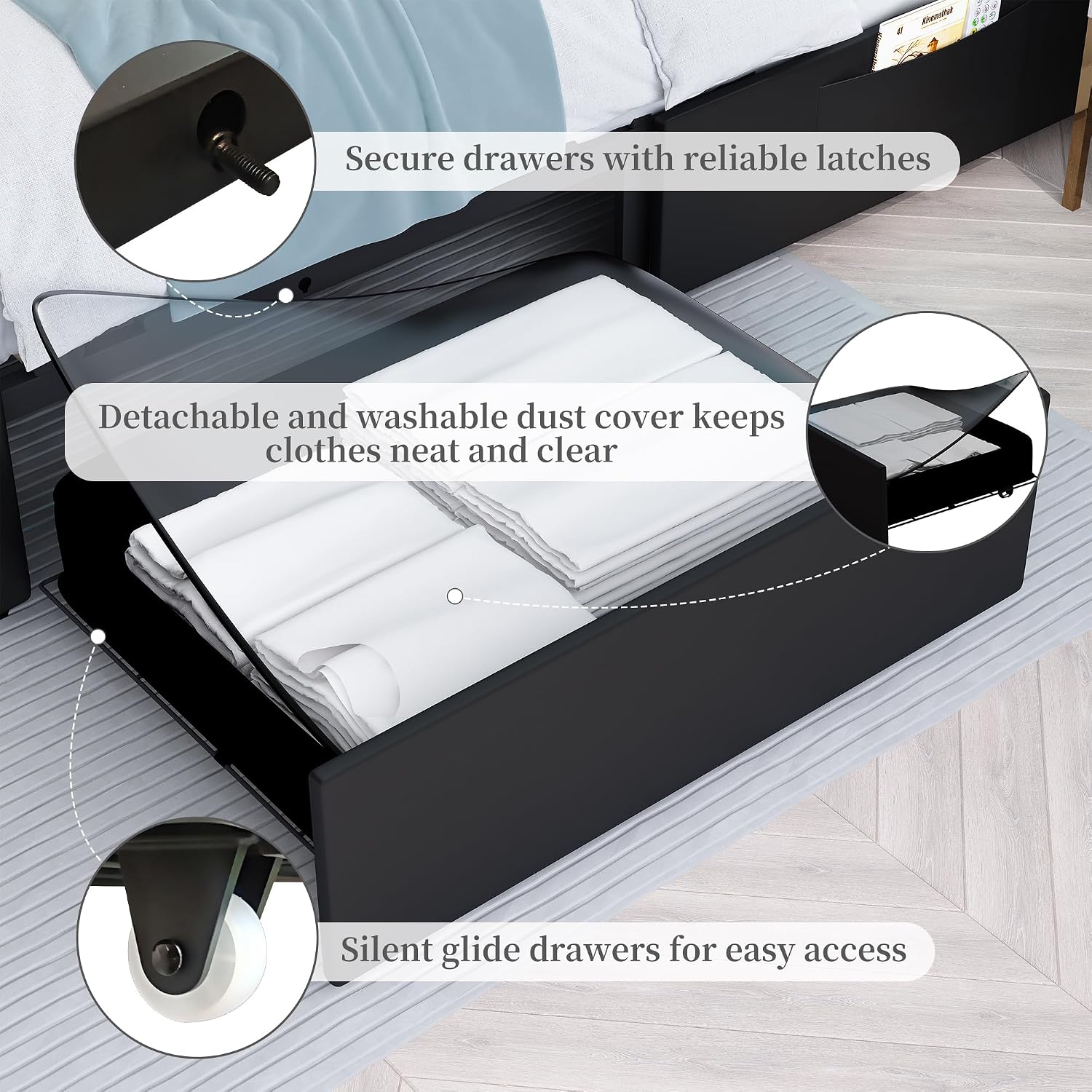 SIBEDS Queen LED Bed Frame with 2 Drawers, Storage Platform Beds with Upholstered Crystal Button Tufted Headboard Footboard, 2 Side Pockets, No Box Spring Needed, PU Black
