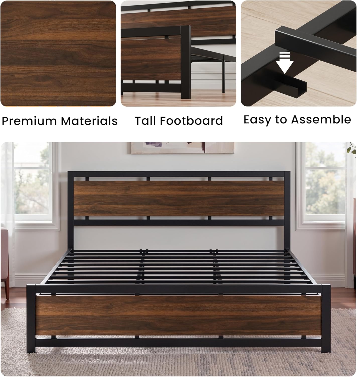 LIKIMIO King Bed Frame with Headboard and Footboard, Metal Strong Supports, Easy Assembly, Noise-Free, No Box Spring Needed, Dark Walnut