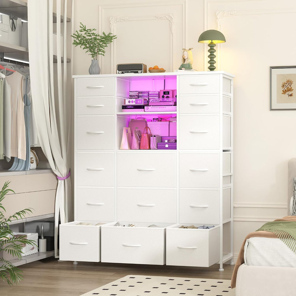 EnHomee 51' H White Dresser with 15 Drawers Dresser for Bedroom with Charging Station & LED Lights & Hutch Sturdy Bedroom Dressers, Steel Frame, Wood Top, 51.2' H x 39.3' W x 11.8' D