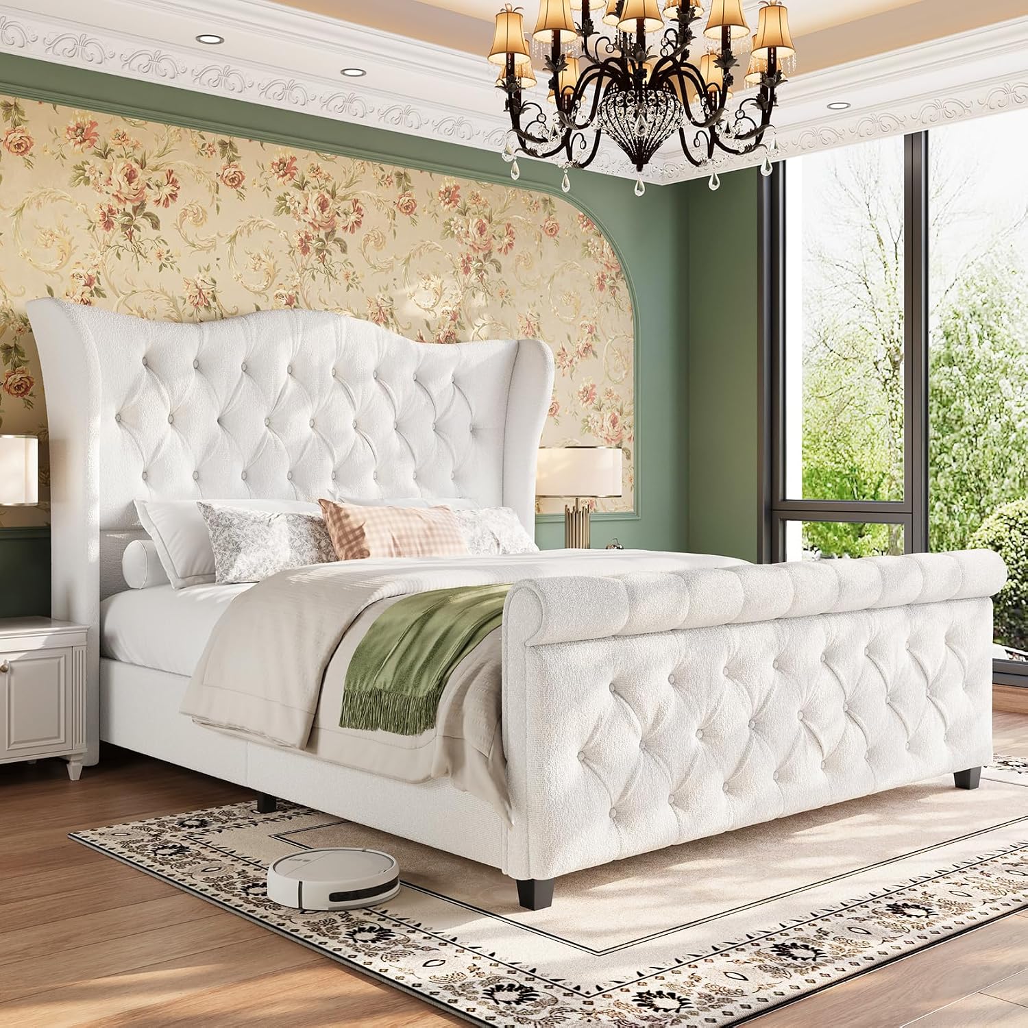 koorlian Queen Bed Frame,Chenille Upholstered Sleigh Bed with Scroll Wingback Headboard & Footboard,Luxury & Soft Button Tufted Queen Size Modern Bed,Easy Assembly,No Box Spring Needed