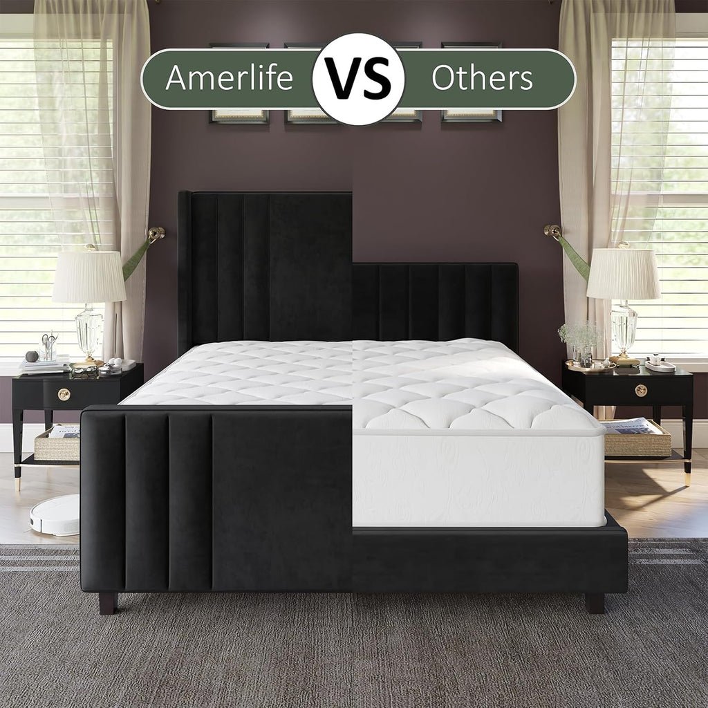 AMERLIFE Queen Size Bed Frame, Velvet Upholstered Platform Bed with Vertical Channel Tufted Headboard & Footboard/Wingback, Mattress Foundation with Wood Slats, No Box Spring Needed, Black