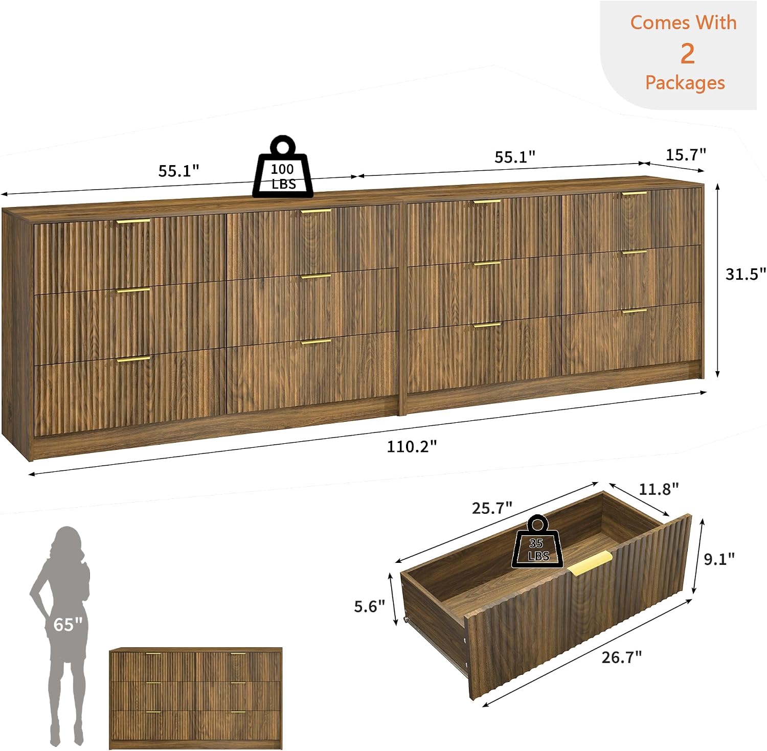 Walnut Dresser Set of 2, Long Dresser for Bedroom Wooden with 12 Drawers, Fluted Modern Bedroom Furniture Set, TV Stand Dressers & Chests of Drawers for Closet (15.7'D x 110.2'W x 31.8'H)