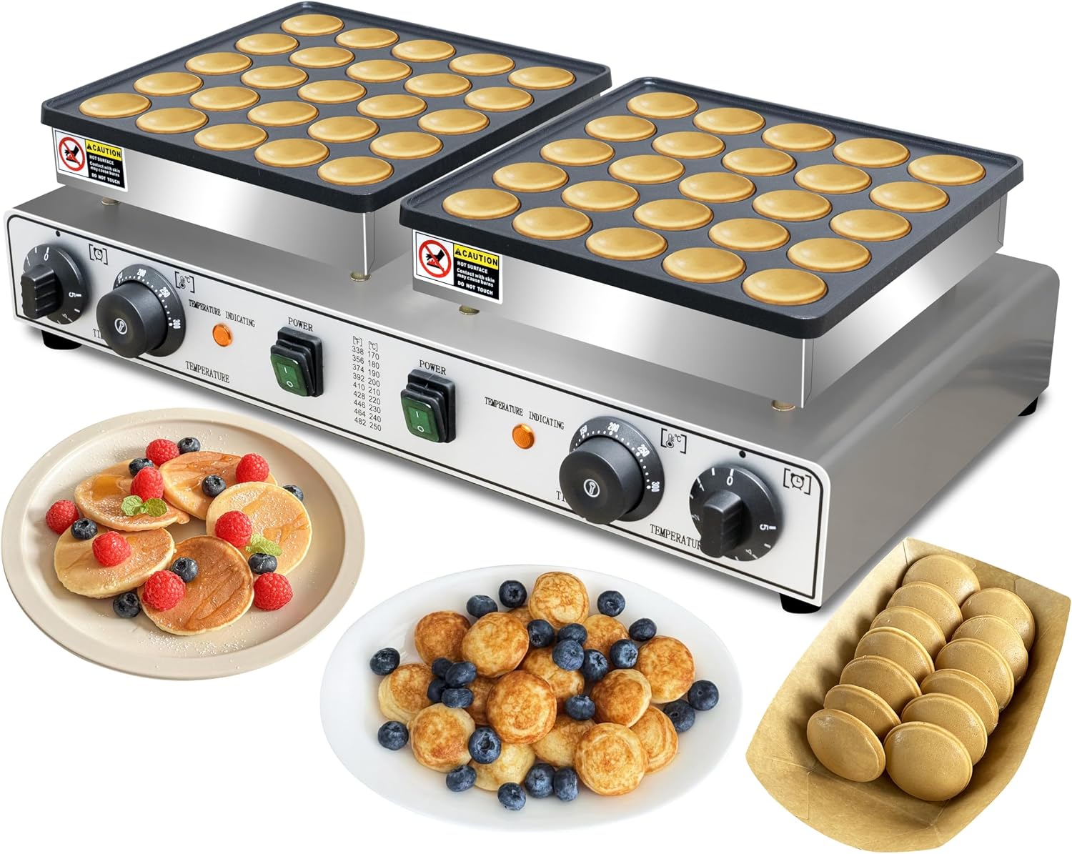 1900W Commercial 50PCS Mini Dutch Pancake Maker 110V, Dual-Zone Heating with Temp & Timer Control, Non-Stick Easy-Clean Teflon Plates, Heavy-Duty Stainless Steel Body for Home & Restaurant Use