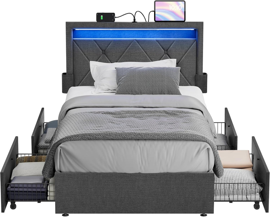 VASAGLE LED Bed Frame Twin Size, Twin Bed with Headboard and 4 Drawers, 1 USB Port and 1 Type C Port, Adjustable Upholstered Headboard 37.1/39.6 Inches, No Box Spring Needed, Dark Gray URMB823G71