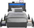 VASAGLE LED Bed Frame Twin Size, Twin Bed with Headboard and 4 Drawers, 1 USB Port and 1 Type C Port, Adjustable Upholstered Headboard 37.1/39.6 Inches, No Box Spring Needed, Dark Gray URMB823G71