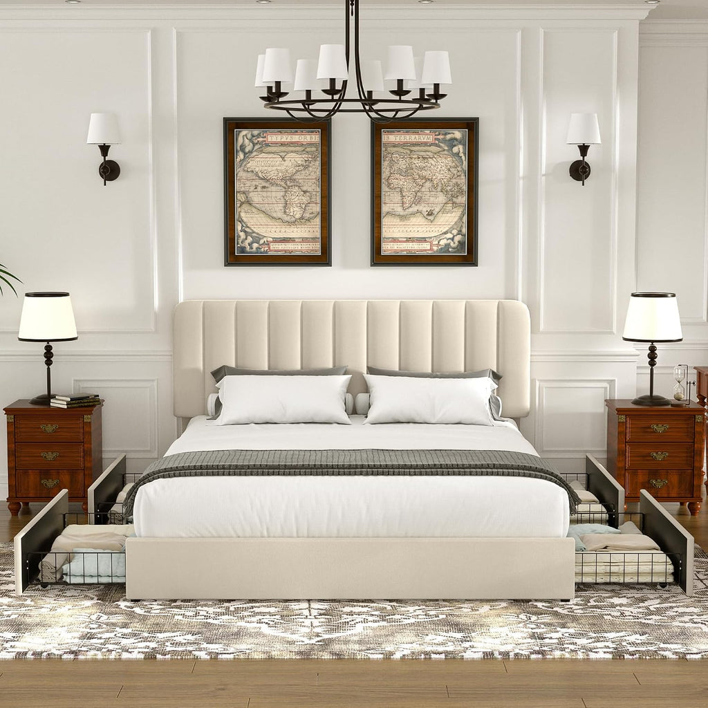 VECELO King Size Upholstered Bed Frame with 4 Drawers and Headboard, Velvet Platform Storage Bedframe, Wooden Slats Support, No Box Spring Needed,Bone Beige