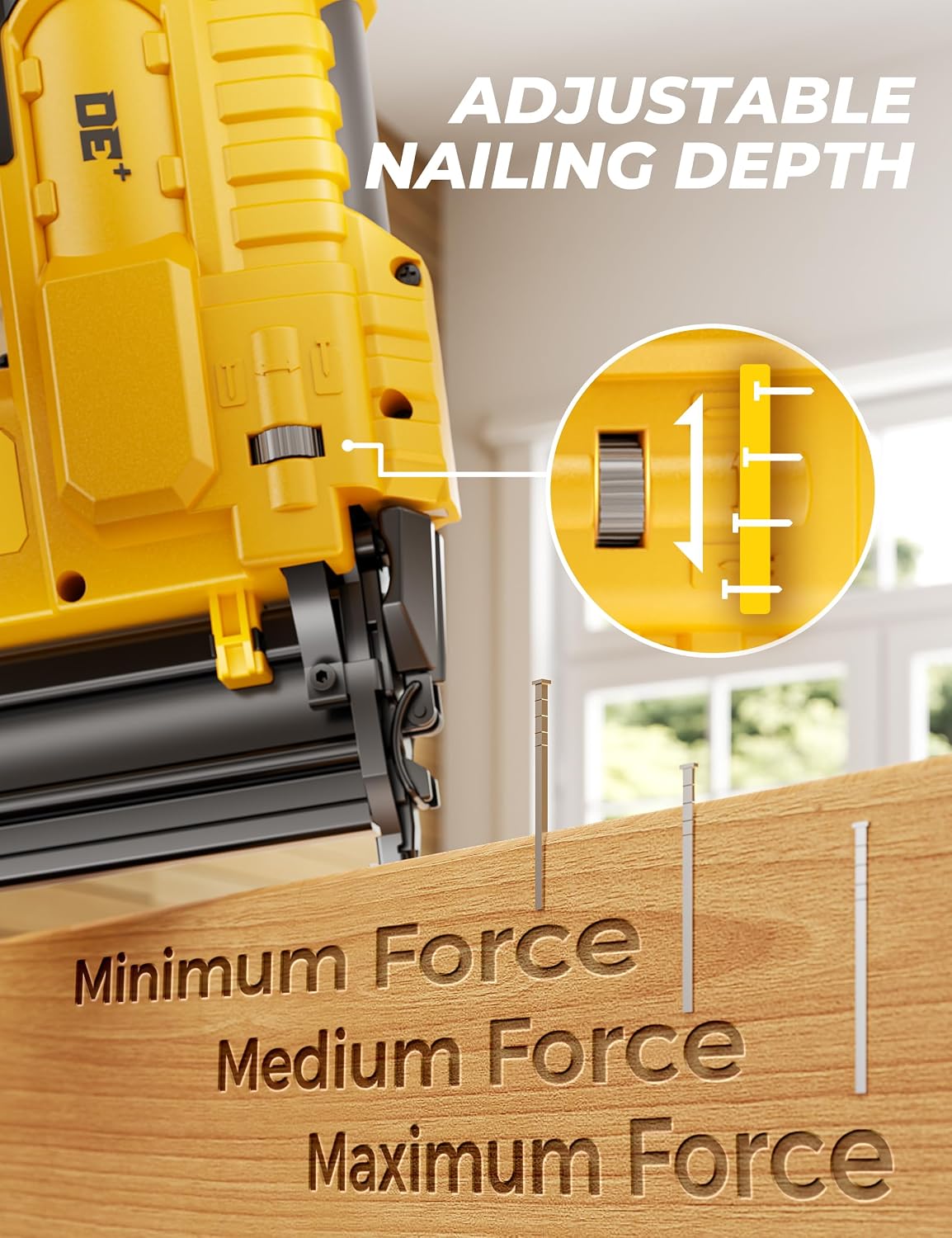 DeForce 18GA Cordless Brad Nailer, 2' Nail Gun for Dewalt 20V Max Battery, 2 IN 1 Electric Stapler, 2026 Upgraded Tool-Free Jam Release, 2 Modes, Adjustable Depth, 1000pcs Nails(No Battery), Yellow