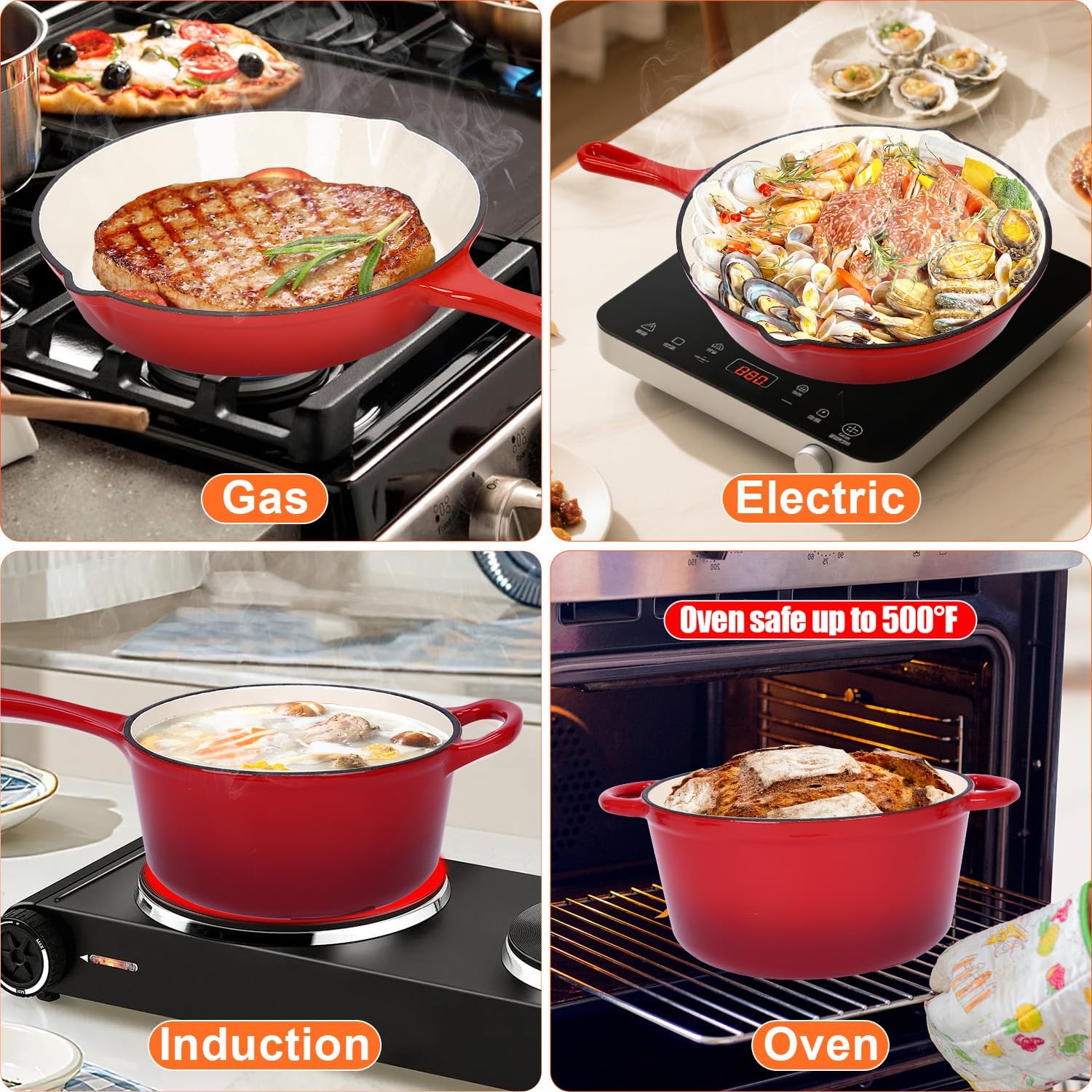 QuliMetal Nonstick Enameled Cast Iron Cookware Set, 5 Pcs Pots and Pans with Lid, Skillet, Frying Pan, Saucepan & Dutch Oven for All Stovetops, PFA Free - Ideal for Sourdough Bread Baking