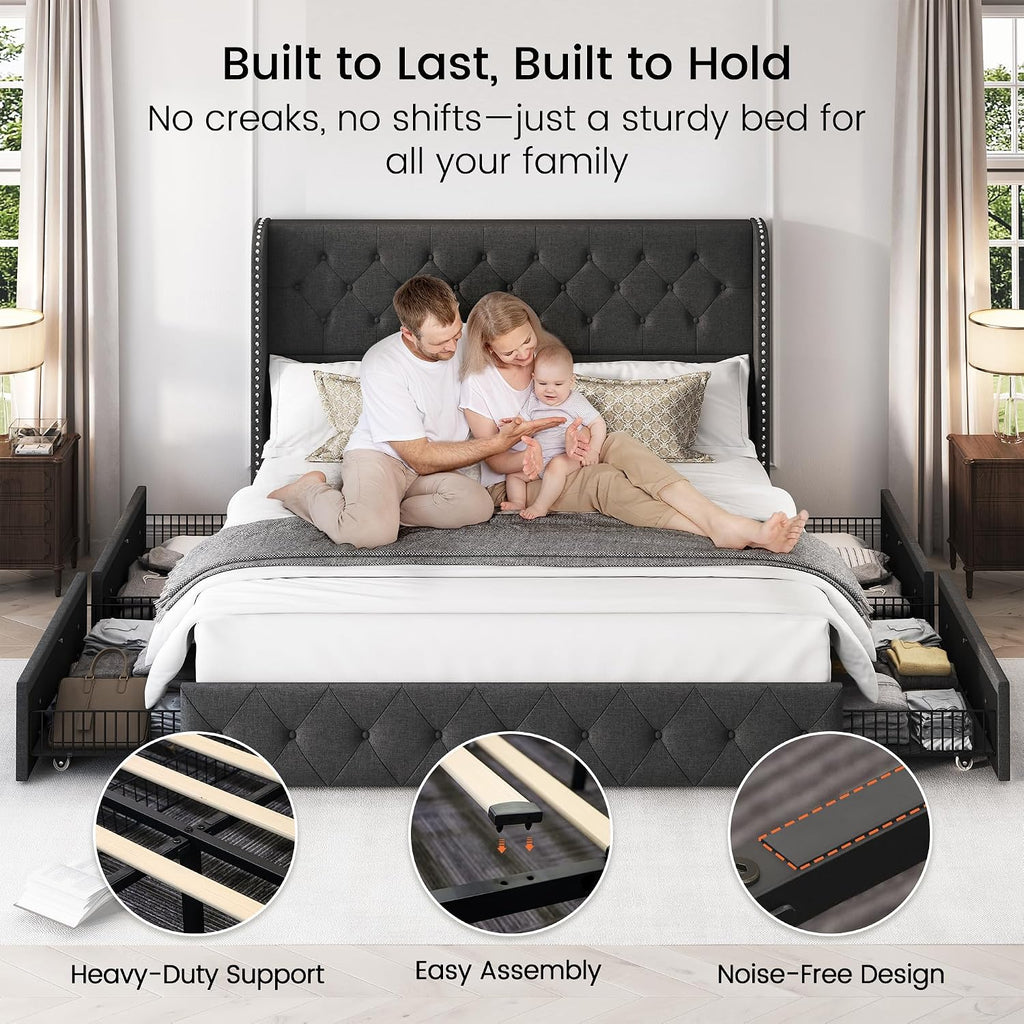 LARMACE King Size Platform Bed Frame with 4 Storage Drawers and 47.2' Tall Tufted Headboard Linen Upholstered Bed Wingback Bed Frame with Wooden Slats Support, Easy Assembly, Dark Grey