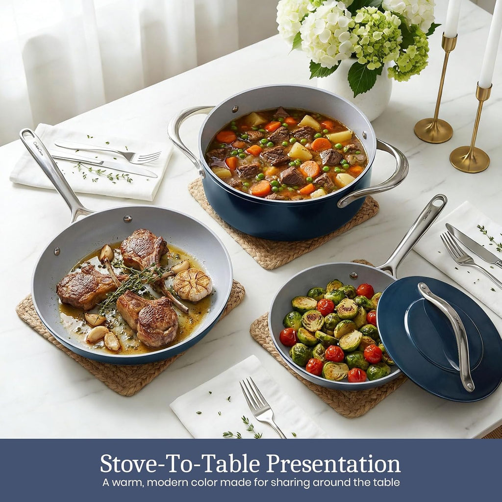 CookinCraze Ceramic Cookware Set 8 Pieces Nonstick Pots and Pans Set with Lid PFAS-Free Non Toxic Cookware, Induction Compatible, Oven Safe, Quick & Even Heat Distribution, Navy Blue