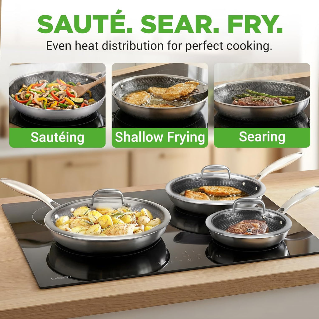 NutriChef 6-Piece Tri-Ply Stainless Steel Frying Pan Set – 8', 10', 12' Non-Stick Skillets with Lids, Induction Compatible, Oven Safe, Scratch-Resistant, Dishwasher Safe