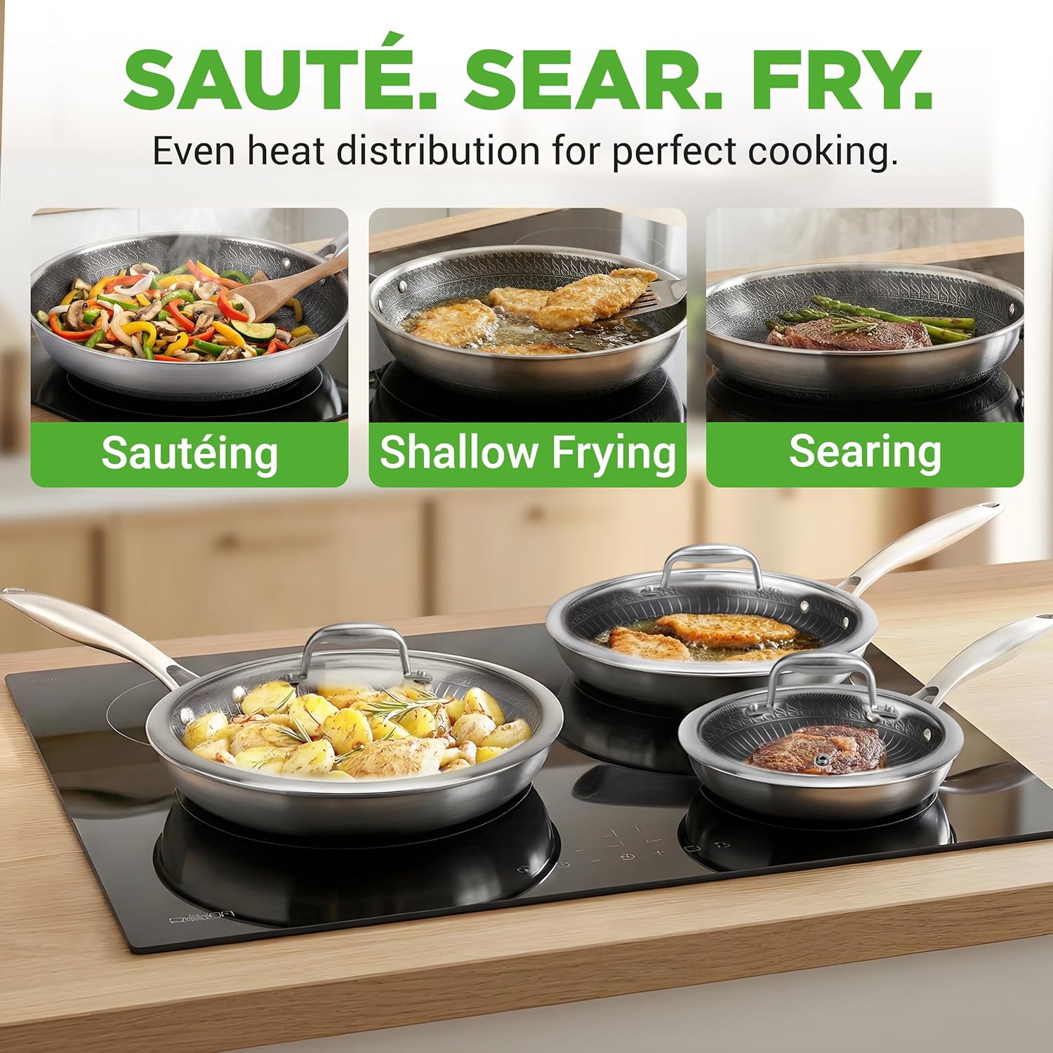 NutriChef 6-Piece Tri-Ply Stainless Steel Frying Pan Set – 8', 10', 12' Non-Stick Skillets with Lids, Induction Compatible, Oven Safe, Scratch-Resistant, Dishwasher Safe
