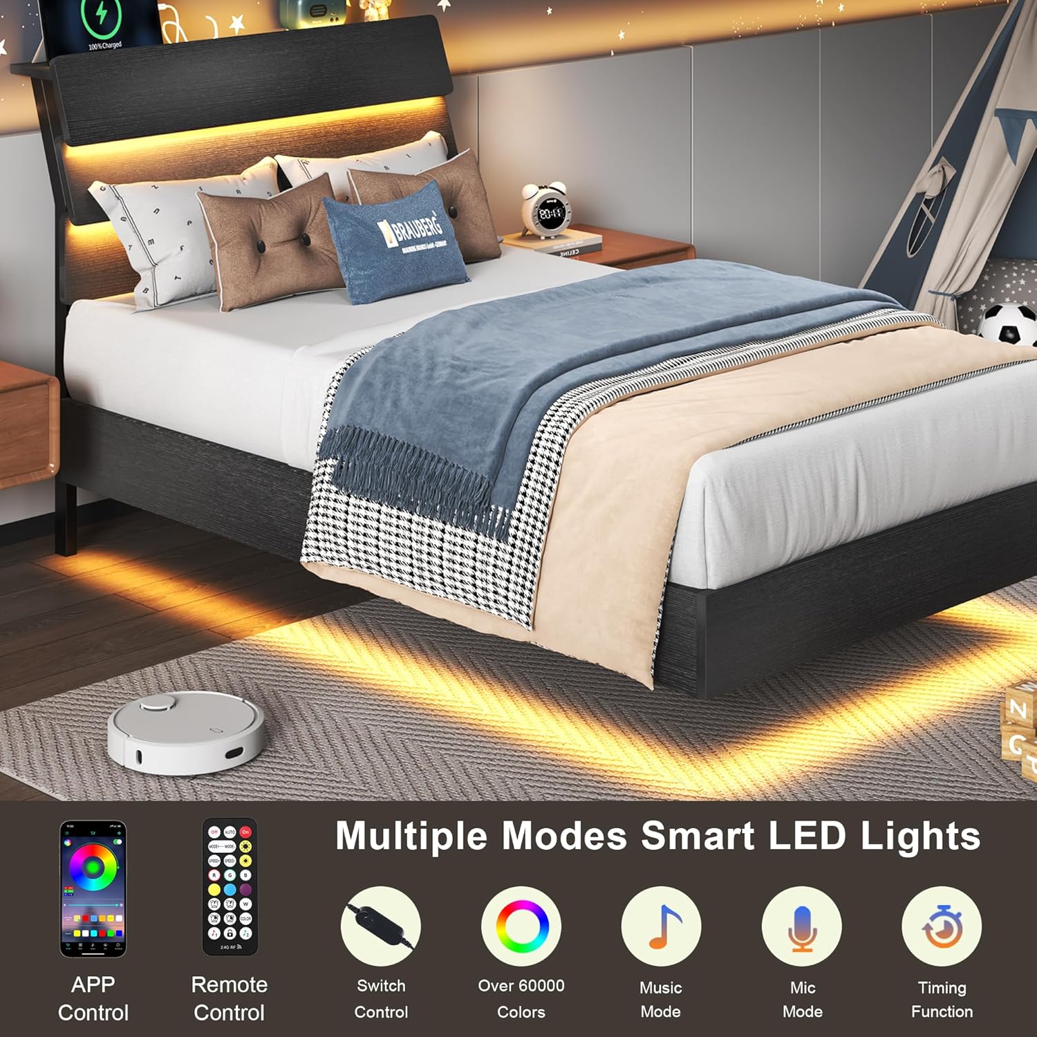 Feonase Twin Floating Bed Frame with Led Lights and Charging Station, Wood Twin Size Bed Frame with Storage Headboard, Heavy Duty Metal Slats, No Box Spring Needed, Easy Assembly, Black