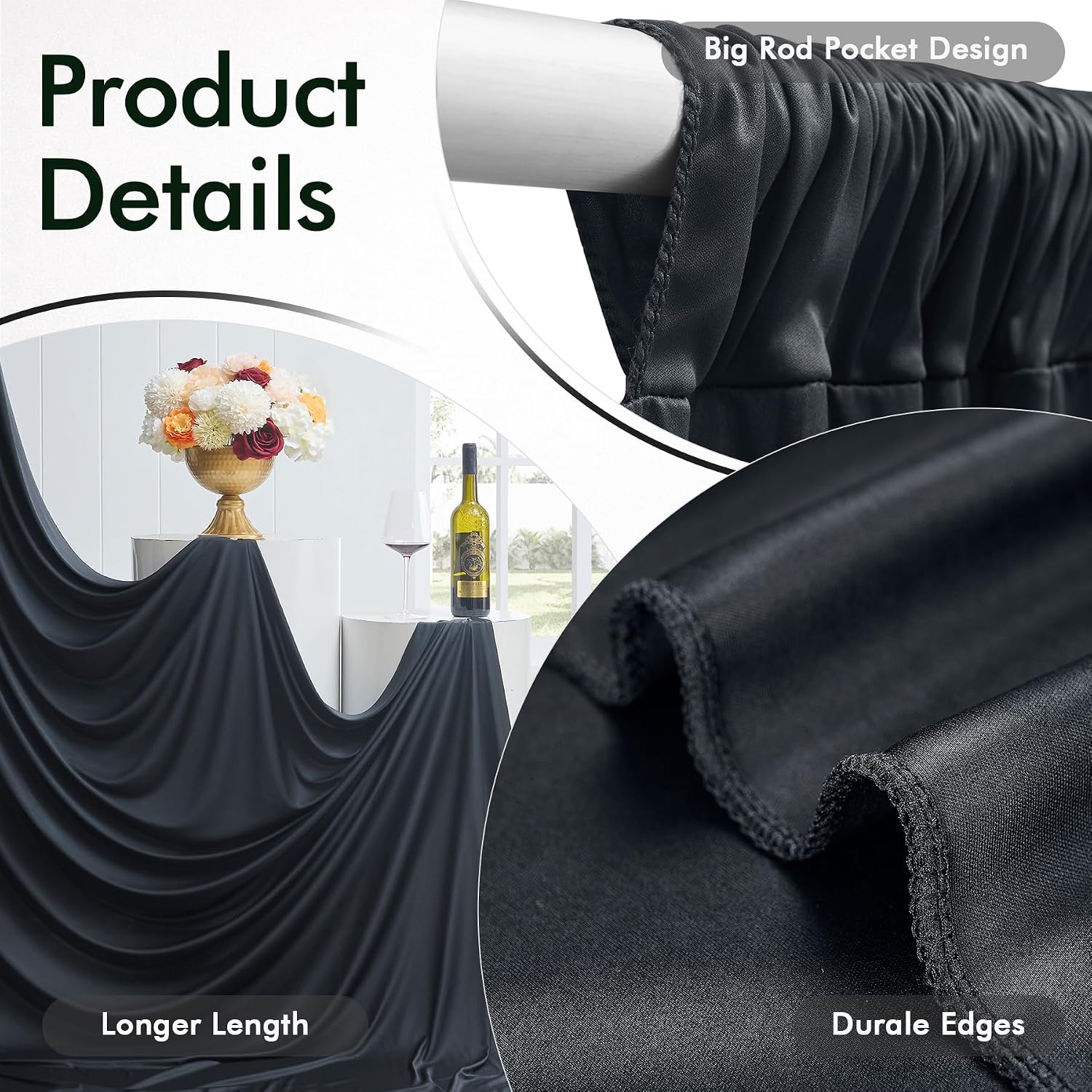 50ftx15ft Wrinkle Free Black Backdrop Curtain, 10 Panels 15FT Height Black Drapes for Wedding, Silky Polyester Polyester Back Drop Cloth Draping for Birthday Party Photography Background Party