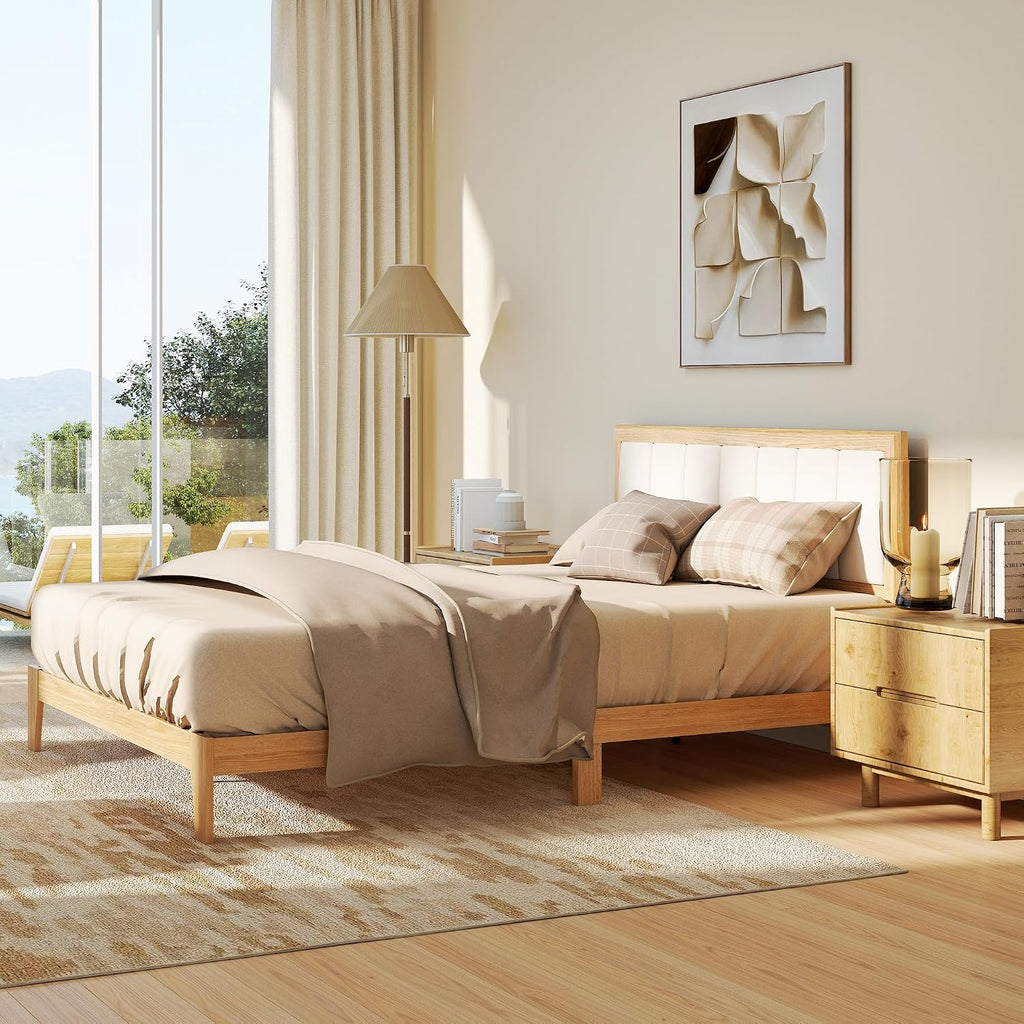 HOMCOM Queen Size Bed Frame with Upholstered Headboard, Platform Bed Frame with Wooden Slats, No Box Spring Needed, Easy Assembly, Natural