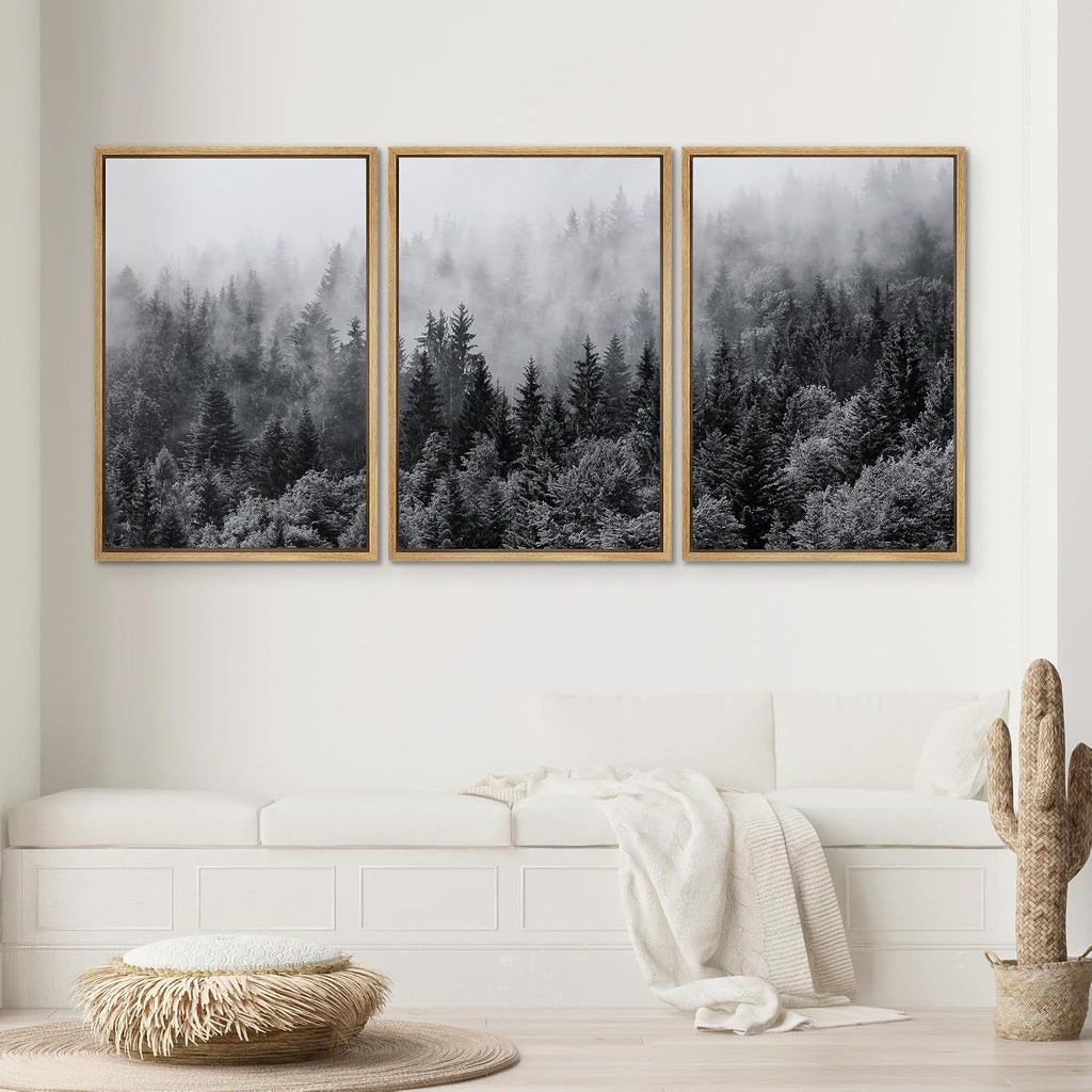 SIGNWIN Framed Canvas Print Wall Art Set Black & White Misty Mountain Forest Nature Wilderness Photography Modern Art Chic Landscape Relax/Calm for Living Room, Bedroom, Office - 24'x36'x3 Natural