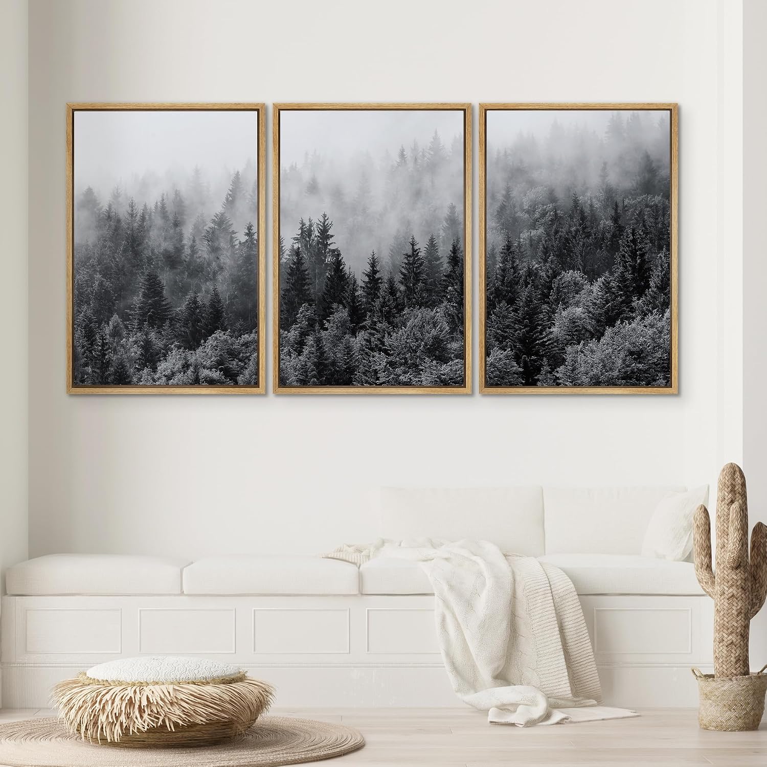 SIGNWIN Framed Canvas Print Wall Art Set Black & White Misty Mountain Forest Nature Wilderness Photography Modern Art Chic Landscape Relax/Calm for Living Room, Bedroom, Office - 24'x36'x3 Natural