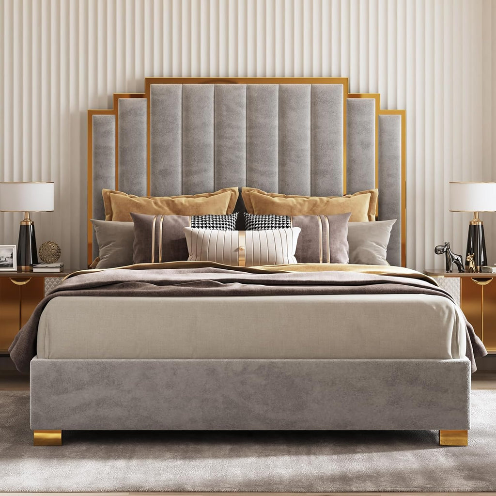 AMERLIFE California King Size Upholstered Bed, Modern Velvet Bed Frame with 65.4' Tall Gold Trim Headboard, No Box Spring Needed, Grey