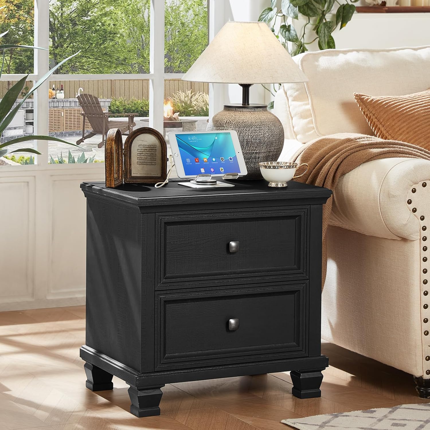 SAVOR LIFE Farmhouse Black Bedroom Sets of 4, Includes 6 Drawer Large Dresser, 2 Drawers Night Stand with Charging Station, Low 6 Chest of Drawers, Wood Rustic Dresser & Nightstand Set for Home