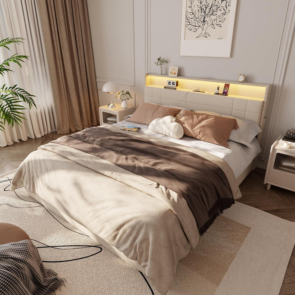 Forestell Full Size Bed Frame with 4 Drawers and Storage Headboard, Upholstered Platform Bed Frame Full Size with LED Lights and Charging Station, Metal Slats Support, No Box Spring Needed, Beige