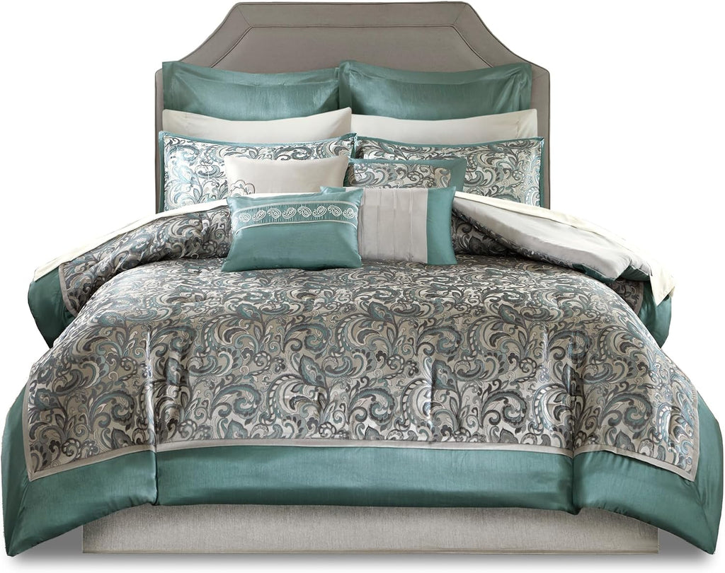 Madison Park 24 Piece Faux Silk Paisley Queen Comforter Set with Matching Curtains, Down Alternative Hypoallergenic - Teal, Queen (90 in x 90 in)