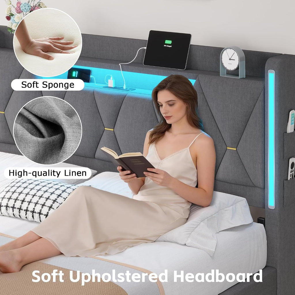 BYSAUD Queen Bed Frame with Storage Headboard, Bed Frame Queen Size, Upholstered Platform Bed Frame with LED Lights and Charging Station, No Noise, No Box Spring Needed, Dark Gray, Linen