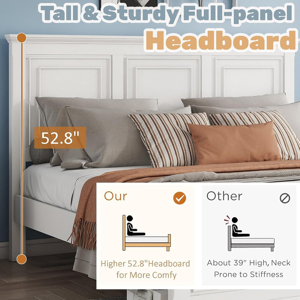 Wood Bed Frame King with Tall Headboard & Footboard, Traditional King Panel Bed with USB Charging Station for Bedroom, Guest Room, Easy Assembly, No Box Spring Required,White