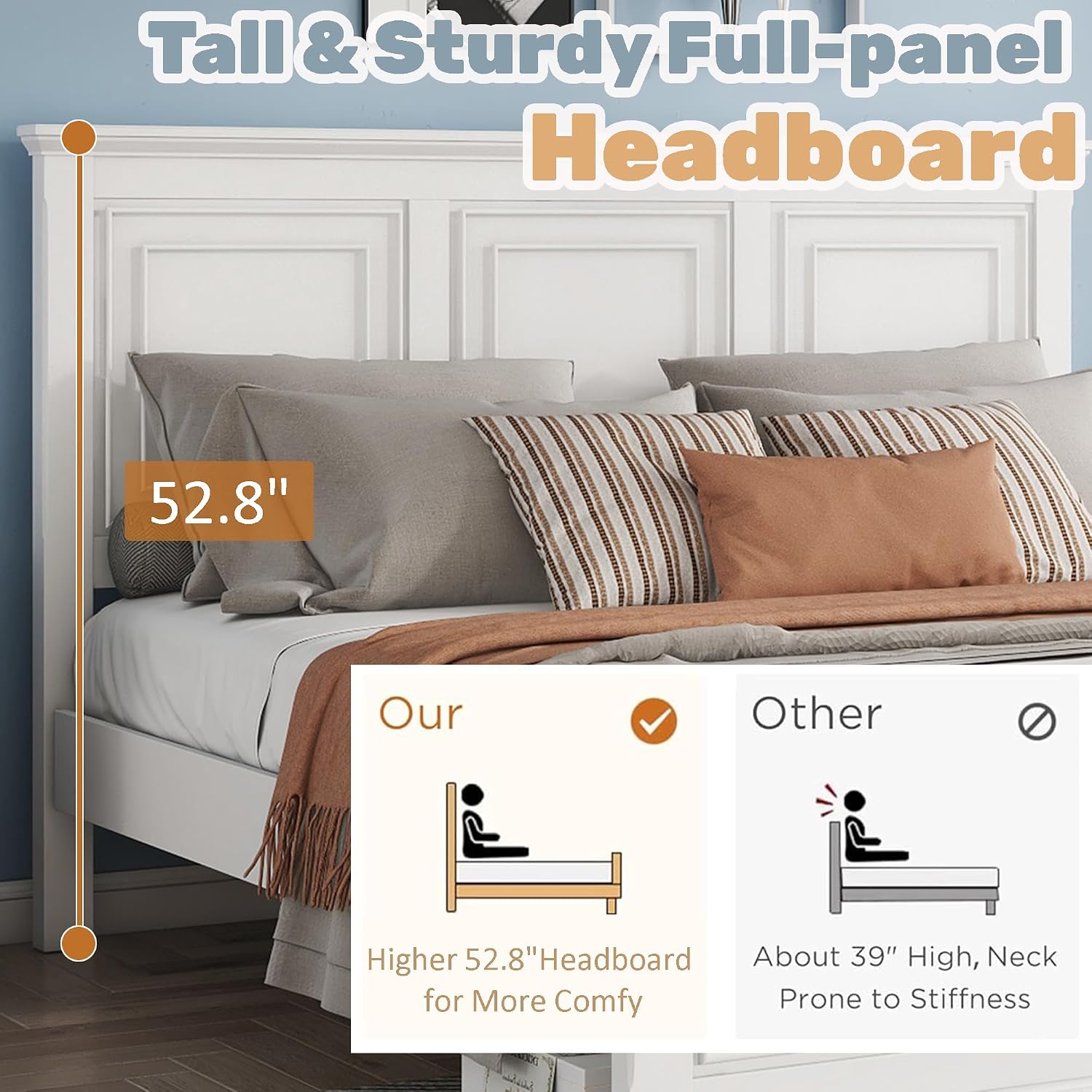 Wood Bed Frame King with Tall Headboard & Footboard, Traditional King Panel Bed with USB Charging Station for Bedroom, Guest Room, Easy Assembly, No Box Spring Required,White