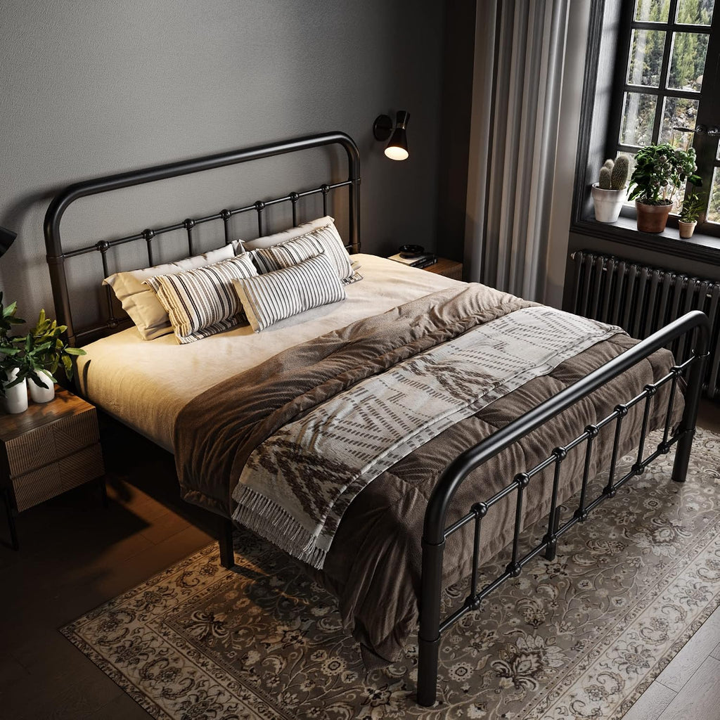 Allewie Full Size Metal Platform Bed Frame with Victorian Style Wrought Iron-Art Headboard/Footboard, No Box Spring Required, Black