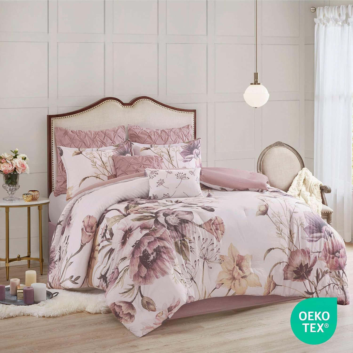 Madison Park Floral King Comforter Set, Cotton Rich Bedding Set Feminine Design Shabby Chic King Size Comforter Sets, All Season Bed Cover with Shams, Bed Skirt, Décor Pillow, Blush 8 Piece