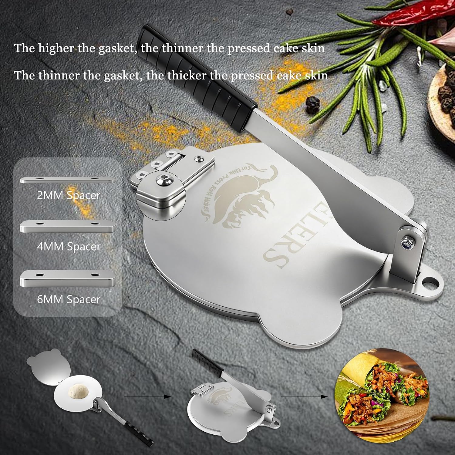 Tortilla Press Stainless Steel，SELERS,Heavy Duty, Adjustable To Press Different Thickness Of Crust, Removable, For Flour Tortilla, Roti, Flatbreads, Taco, Pie, Silver (10.5 inch)