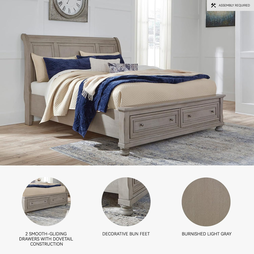 Signature Design by Ashley Lettner Traditional King Sleigh Platform Bed with 2 Drawers, Foundation or Box Spring Not Needed, Light Gray