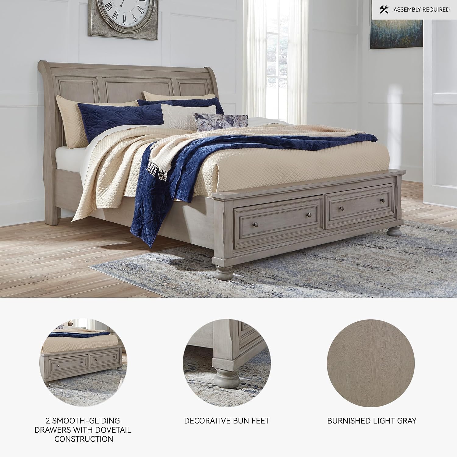 Signature Design by Ashley Lettner Traditional King Sleigh Platform Bed with 2 Drawers, Foundation or Box Spring Not Needed, Light Gray