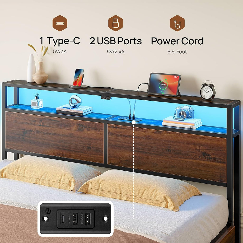 Rolanstar Queen Bed Frame with 4 Storage Drawers, Charging Station and LED Lights, Metal Platform Bed with 2-Tier Storage Headboard, No Box Spring Needed, Easy Assembly, Noise-Free, Walnut