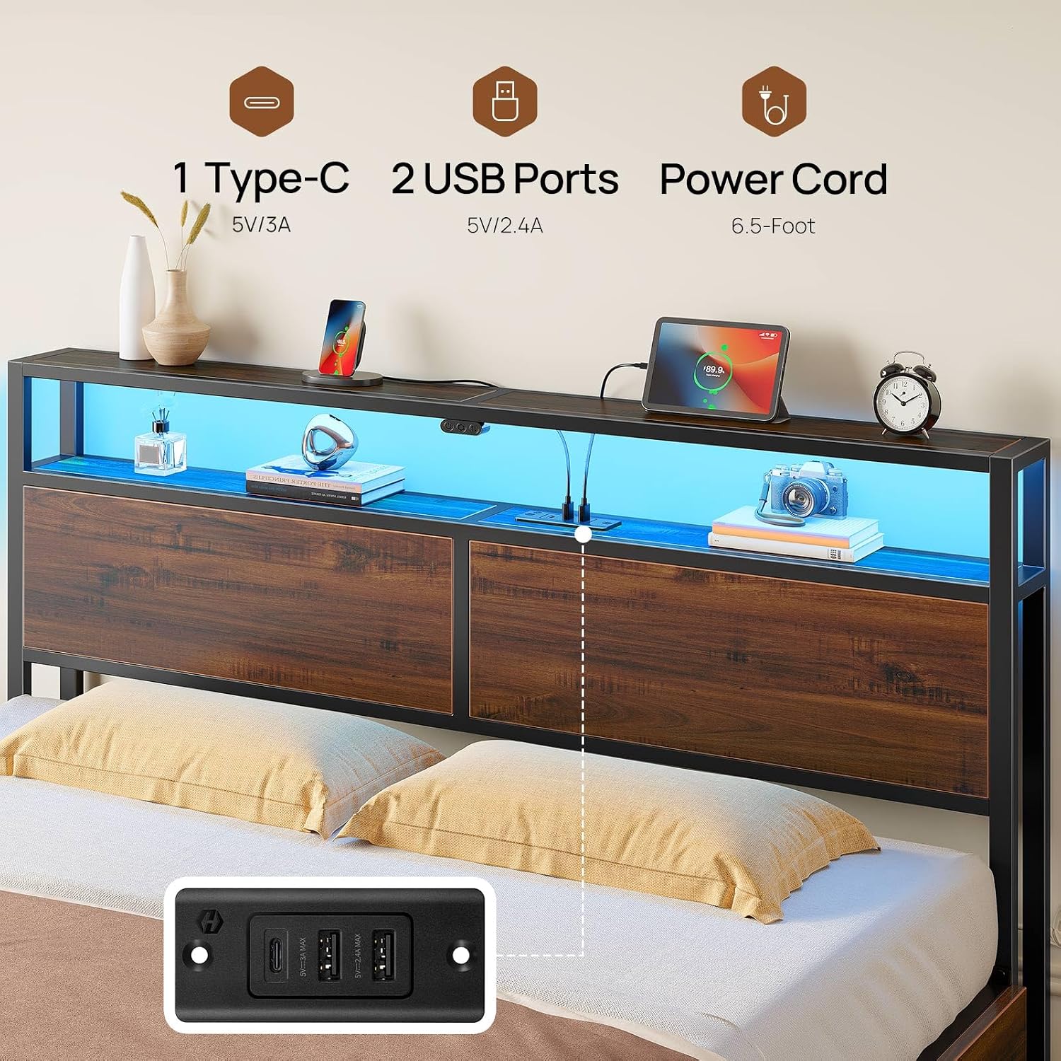 Rolanstar Queen Bed Frame with 4 Storage Drawers, Charging Station and LED Lights, Metal Platform Bed with 2-Tier Storage Headboard, No Box Spring Needed, Easy Assembly, Noise-Free, Walnut