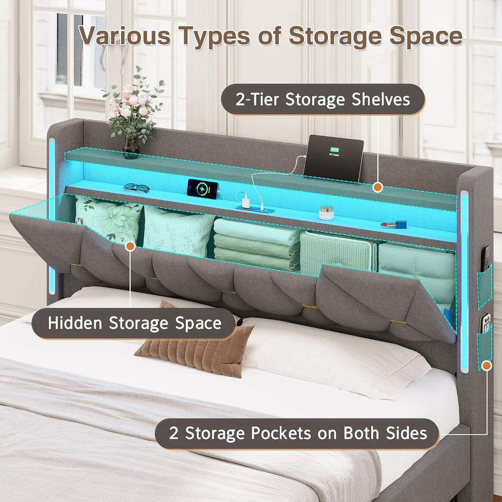 busyaeh Queen Bed Frame with Storage Headboard and LED Lights, Metal Platform Bed Frame Queen Size with Charging Station, No Box Spring Needed, Upholstered Marshmallow Headboard, 1200lbs, Dark Gray