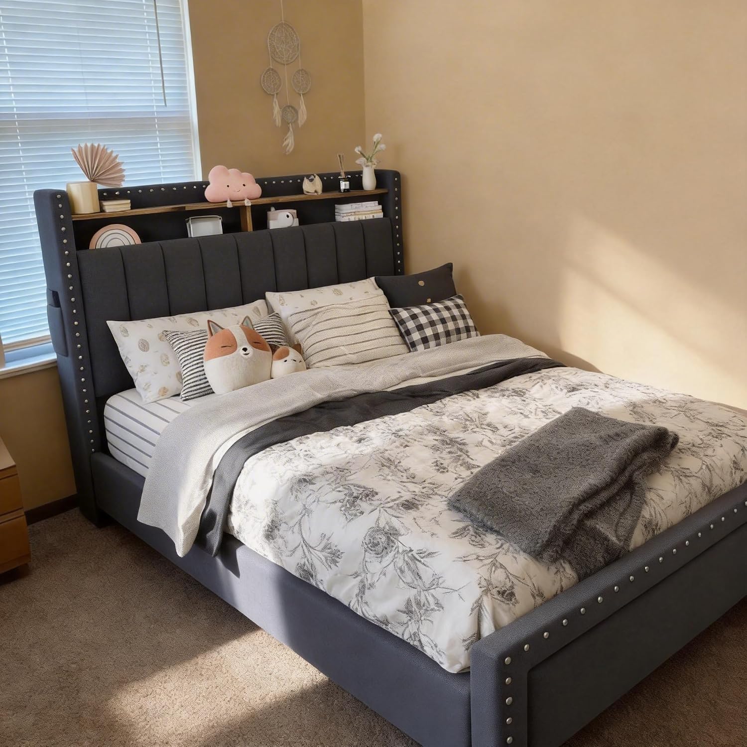 EnHomee Full Size Upholstered Bed Frame with 2 Storage Drawers and 2-Tier Headboard, Vertical Tufted Headboard Design, Extra Storage Space for Bedroom Apartment, Grey