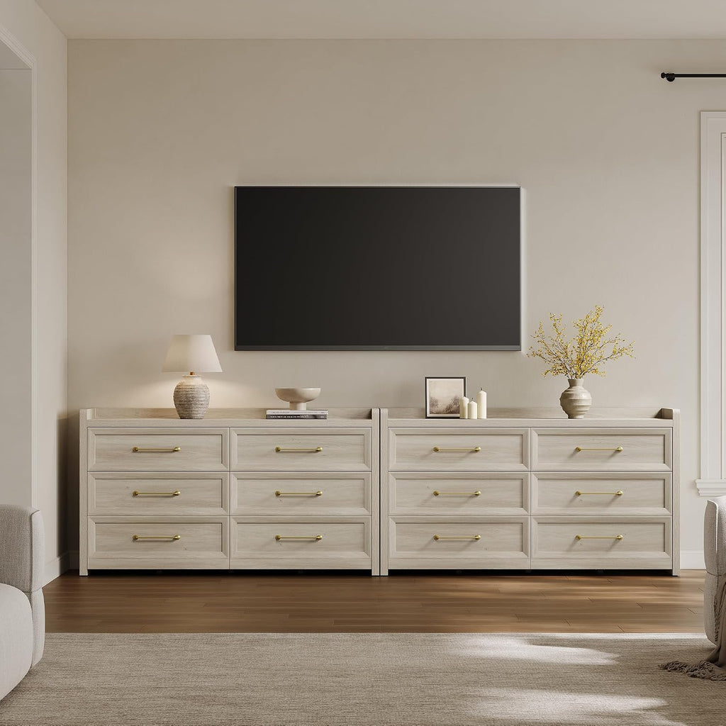 SICOTAS 6 Drawer Dresser for Bedroom-56.4' Extra-Wide Wooden Chest of Drawers with Large Storage, Long Dresser TV Stand with Drawers, Farmhouse Closet Dressers for Nursery Living Room, Grey White Oak