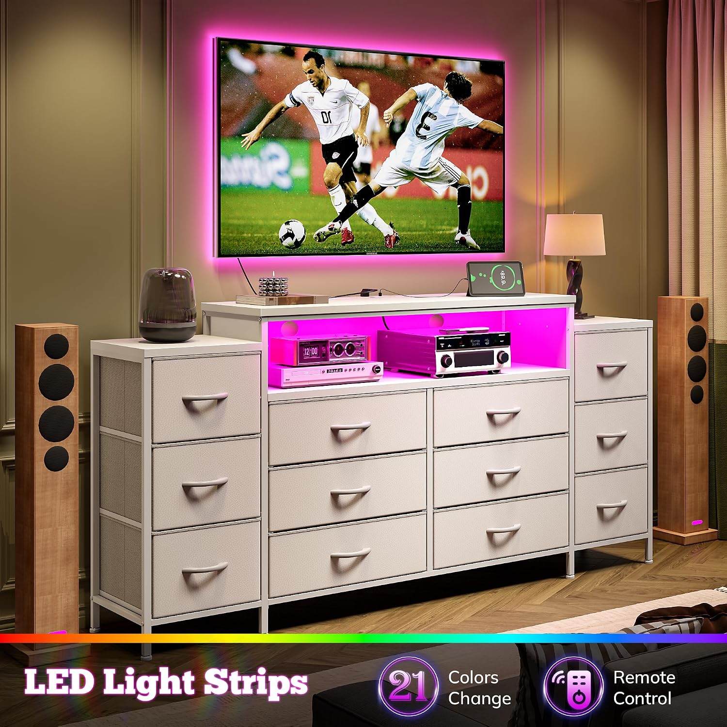 EnHomee 55' W Dresser for Bedroom with LED Lights & Charging Station 12 Drawer Dressers & Chests of Drawers Dresser TV Stand for Bedroom for Hanging 65' TV, Metal Frame & Fabric Drawers, White
