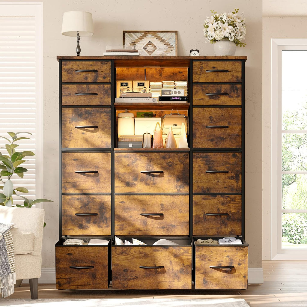 EnHomee 51' H Dresser with 15 Drawers Dresser for Bedroom with Charging Station & LED Lights & Hutch Sturdy Fabric Bedroom Dressers, Steel Frame, Wood Top, Rustic Brown, 51.2' H x 39.3' W x 11.8' D