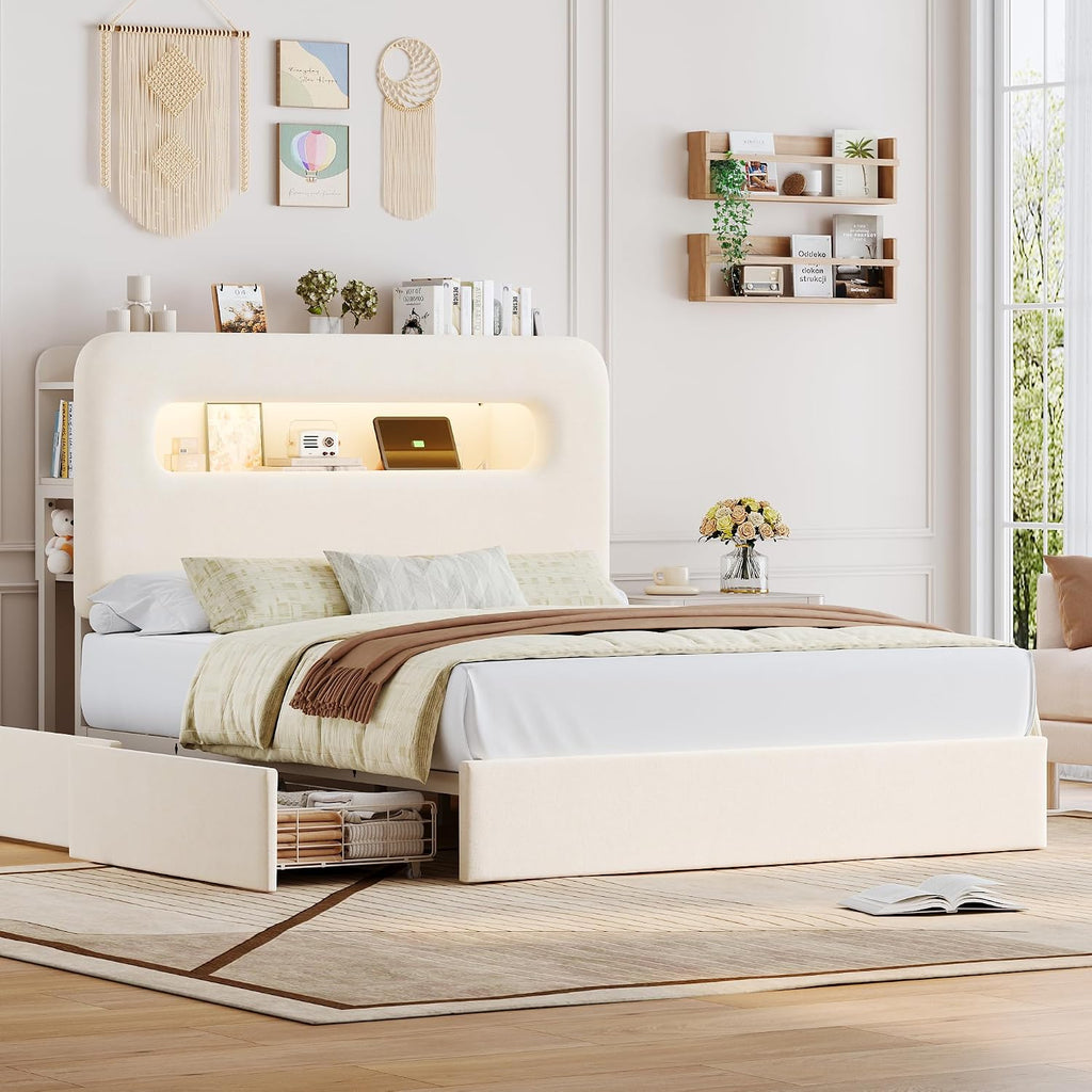 HOSTACK Full LED Bed Frame with Storage Headboard and Charging Station, Kids Bed Frame with 2 Drawers and USB Ports, Velvet Upholstered Platform Bed Frame with Bookcase, No Box Spring Needed, Cream