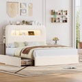 HOSTACK Full LED Bed Frame with Storage Headboard and Charging Station, Kids Bed Frame with 2 Drawers and USB Ports, Velvet Upholstered Platform Bed Frame with Bookcase, No Box Spring Needed, Cream