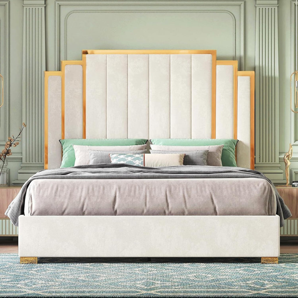 HOWE King Size Bed Frame and 65' Headboard, Upholstered Bed with Golden Plating Trim, Modern Platform Bed No Box Spring Needed, Cream