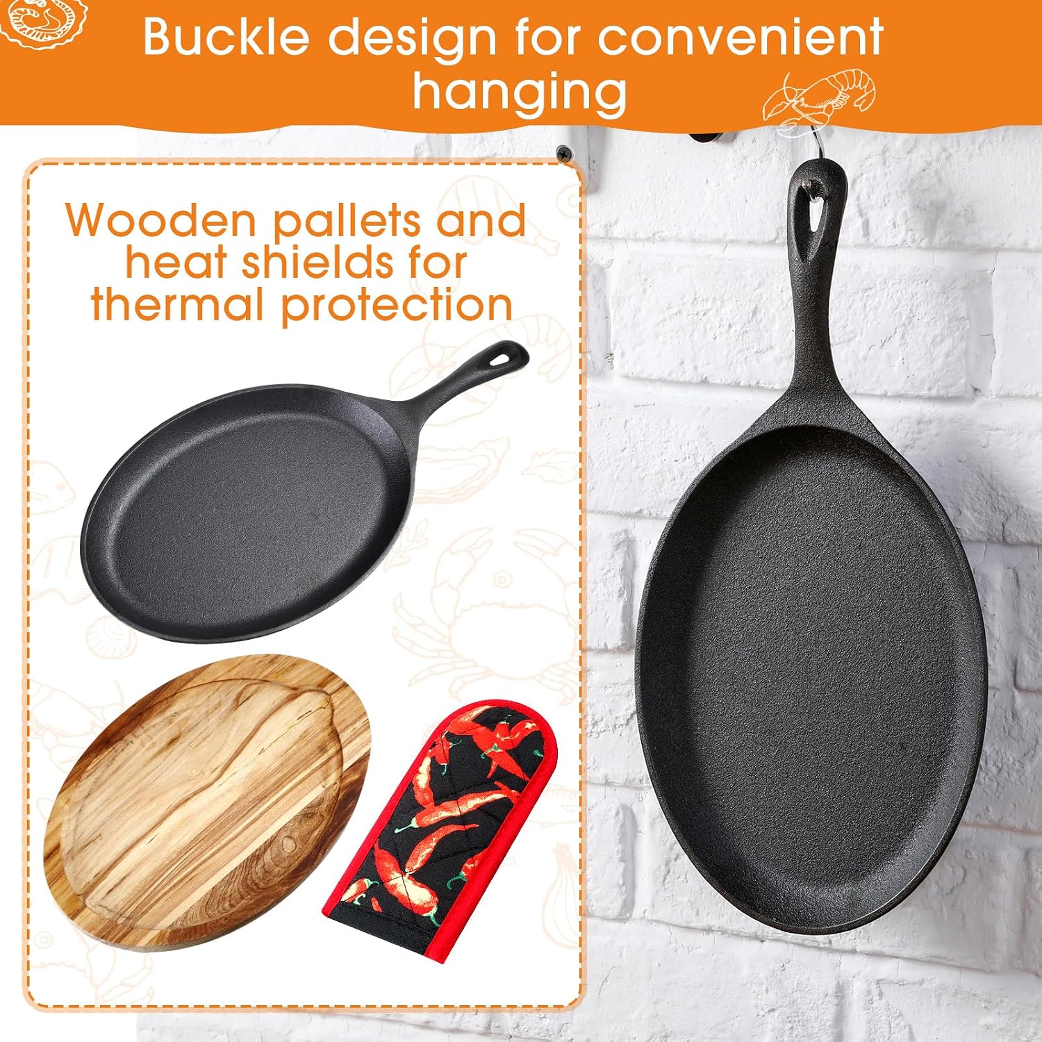 Lallisa 8 Sets Cast Iron Fajita Plate Set Fajita Plate Pan with Wooden Tray Anti Scald Protection Hot Mitt Cast Iron Skillet Set for Home Barbecue Kitchen Party Restaurant Catering Service