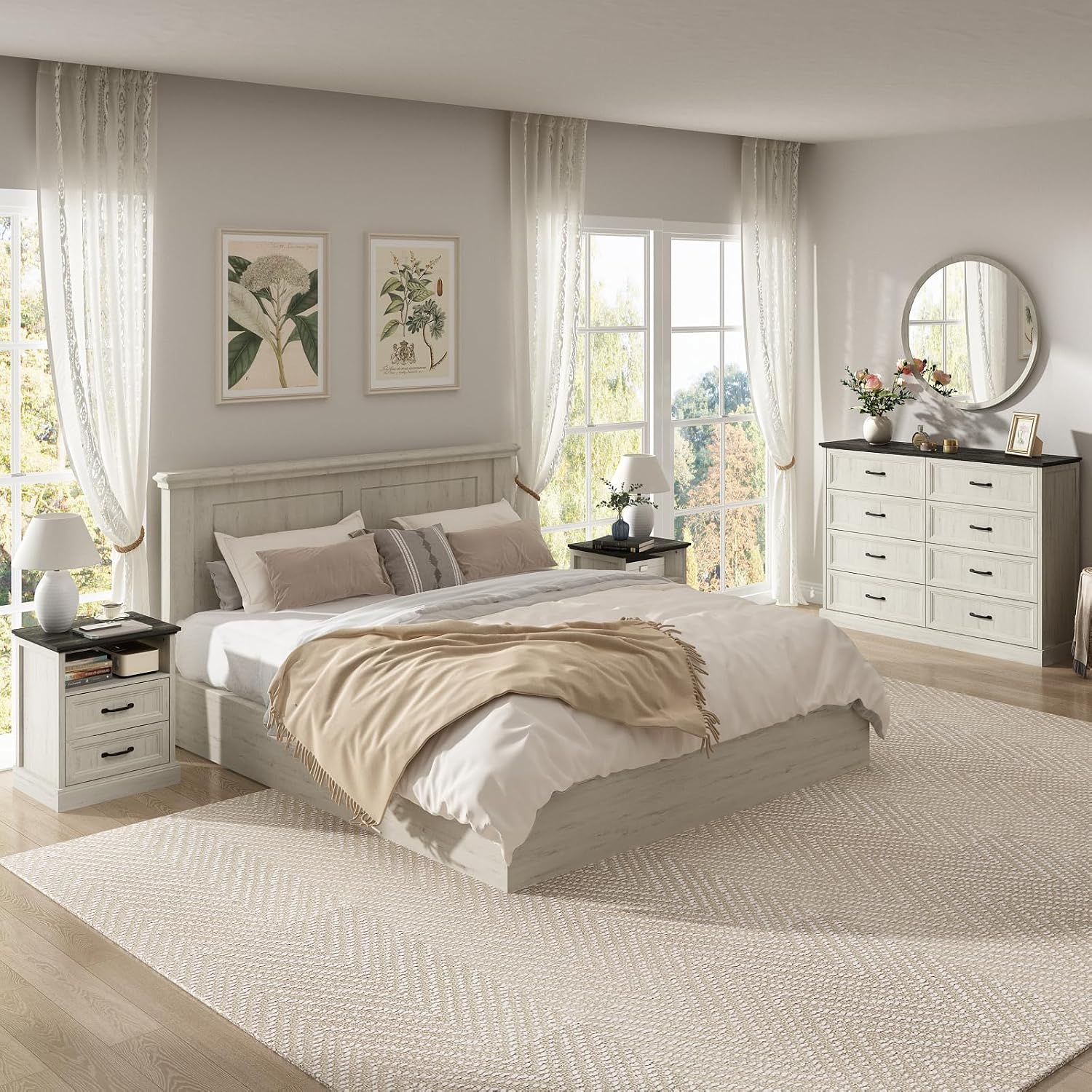 CARPETNAL Farmhouse Dresser and Nightstand Sets for Bedroom, 3 Pcs Bedroom Set, 8 Drawer Dresser & Nightstand Set of 2, Modern Wood Chest of Drawers for Bedroom Living Room, Entryway, White
