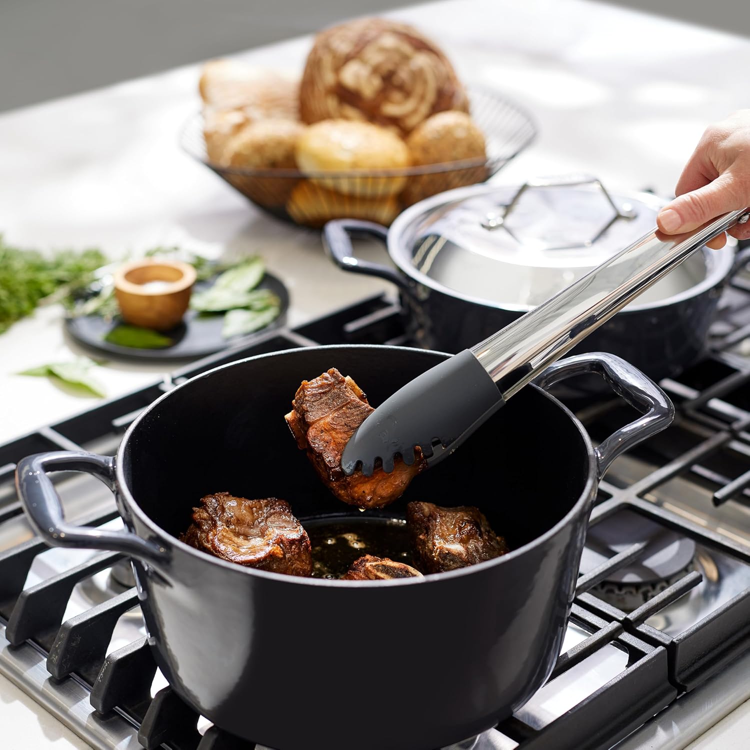 All-Clad Cast Iron Stockpot, 6 Qt Enameled Cast Iron Dutch Oven with Lid, Grill, Oven Safe up to 650F, Pot Compatible with All Stovetops (Gas, Electric & Induction), Easy-Clean, Cookware, Black