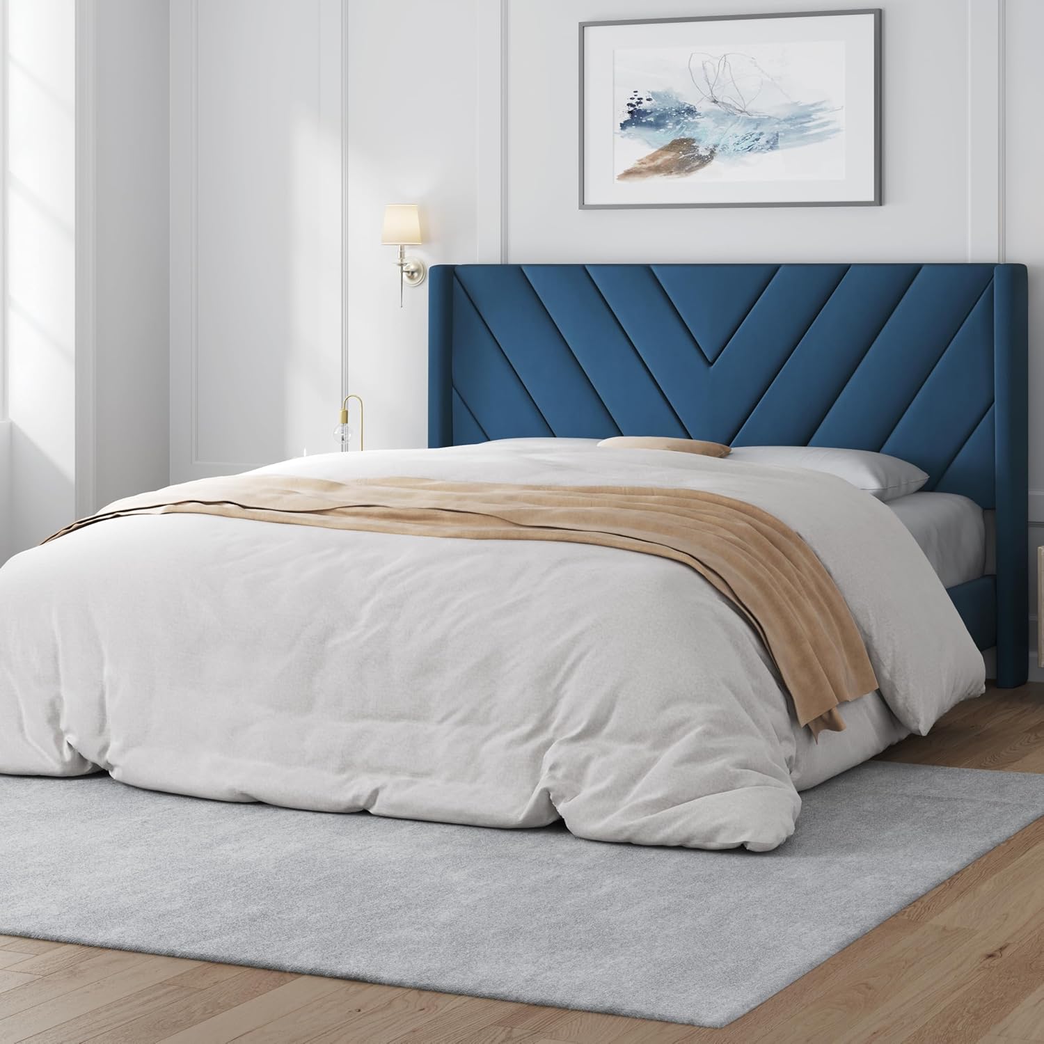 Yaheetech Queen Bed Frame Upholstered Platform Bed with Wing Side/Wooden Slat Support/Tufted Headboard with Wing Side/Mattress Foundation/No Box Spring Needed,Blue Queen Bed