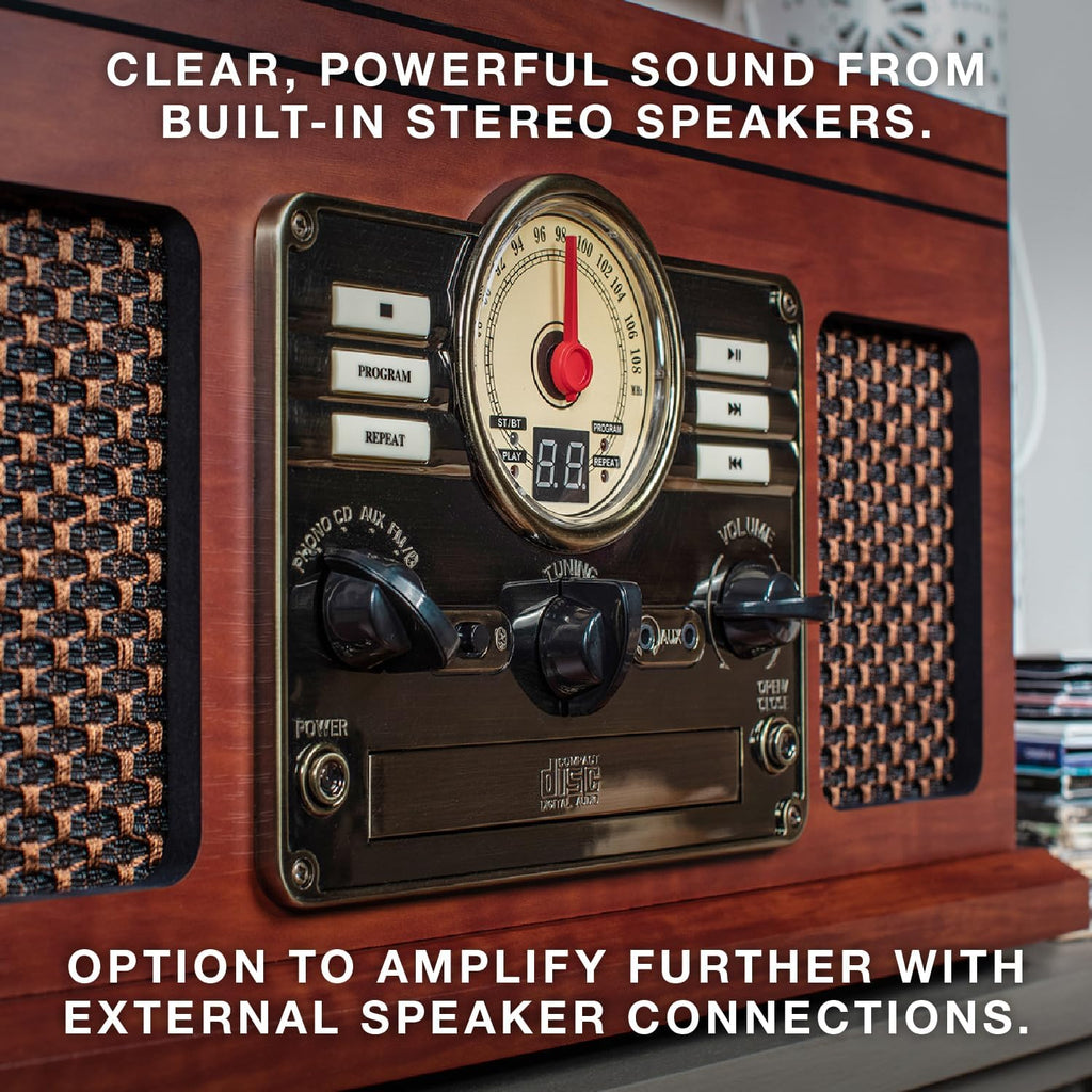 Victrola The Quincy 6-in-1 Bluetooth Record Player & Multimedia Center with Built-in Speakers – 3-Speed Turntable, CD & Cassette Player, FM Radio, Wireless Music Streaming (Grey Wood)